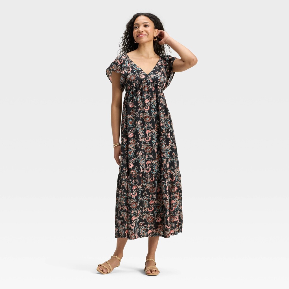 Flutter Short Sleeve Maxi A-Line Dress - Black Floral M